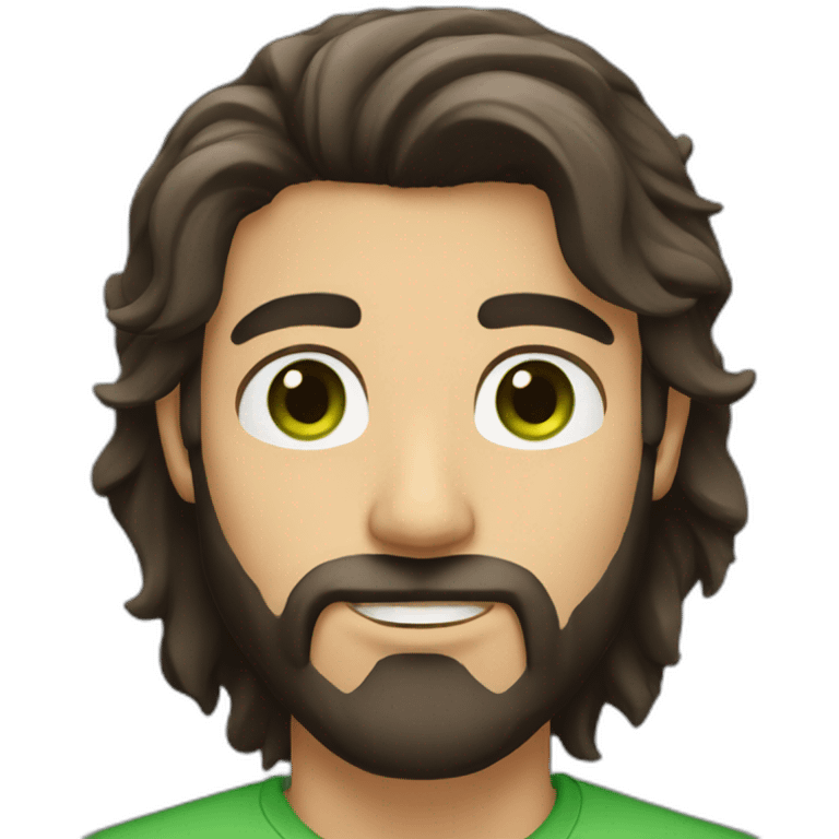 a guy with dark brown long hair green eye beard emoji