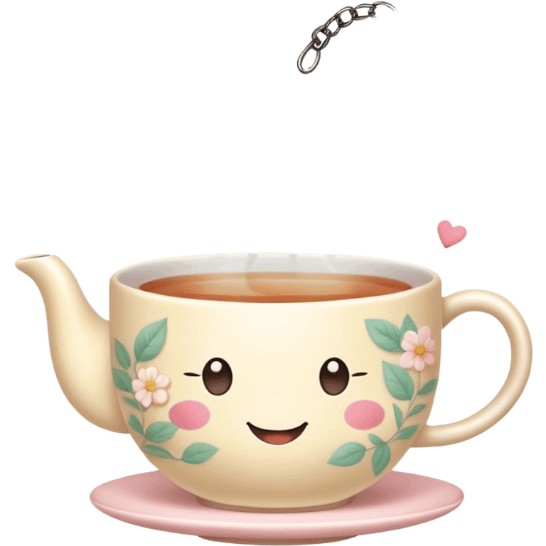 Cute Kawaii Tea Cup, steaming with warmth, a charming smiling face, soft pastel tones, delicate floral patterns, a tiny heart-shaped tea bag tag, cozy and inviting! emoji