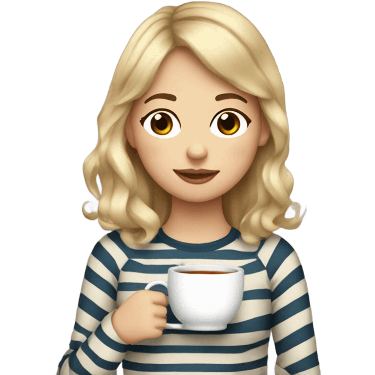 Blond girl with bangs and wavy hair, in her 20s striped shirt sipping tea emoji