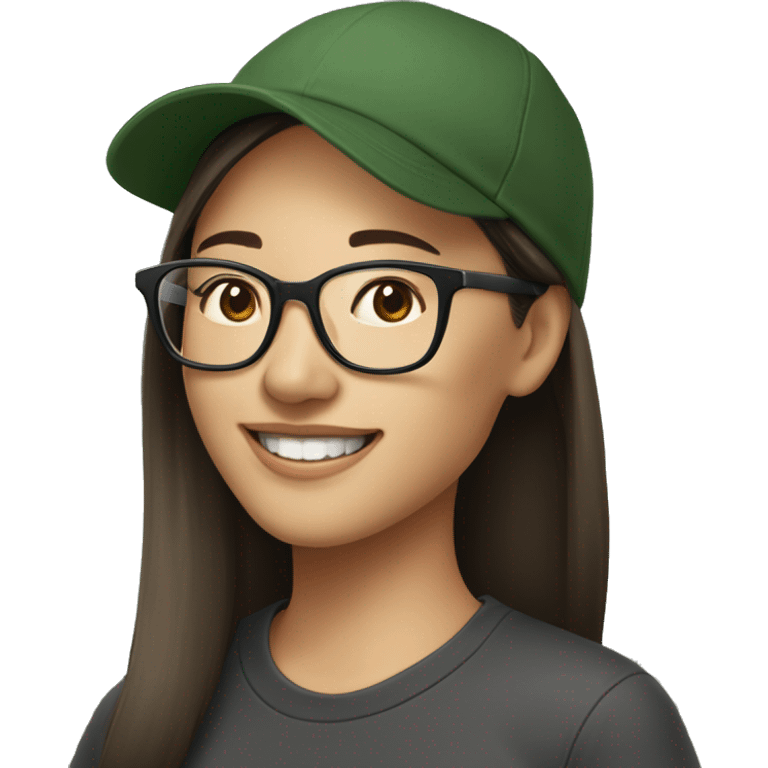 Hyper realistic, look from side, asian adult woman, light white skin, smiling with teeth, black eyes, spotted frame glasses, long light brown straight hair, black T-shirt, dark green cap. emoji