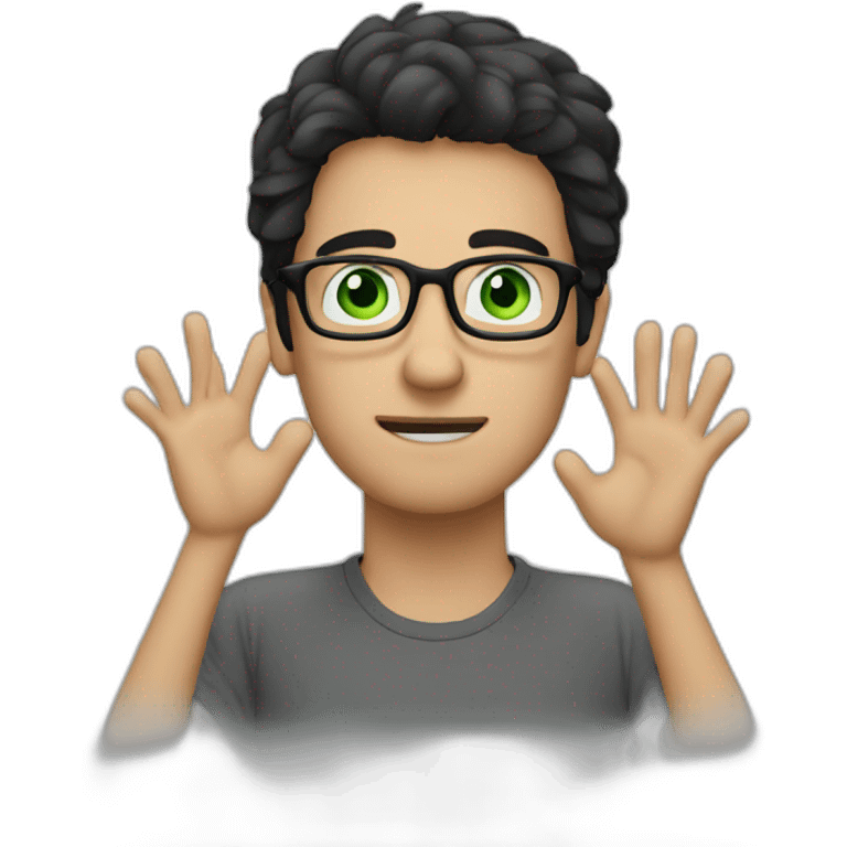 a guy with dark hair, green eyes and glasses. put his hand to his face and thought emoji