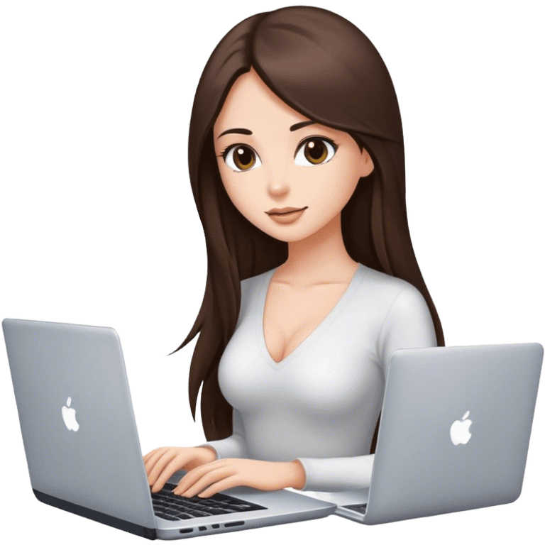 Glamour, beautiful sexy girl, with long straight brunette hair, with laptop emoji