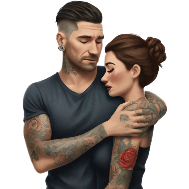 Hyper Realistic Beautiful tattooed woman crying in the arms of a handsome tattooed man  emoji