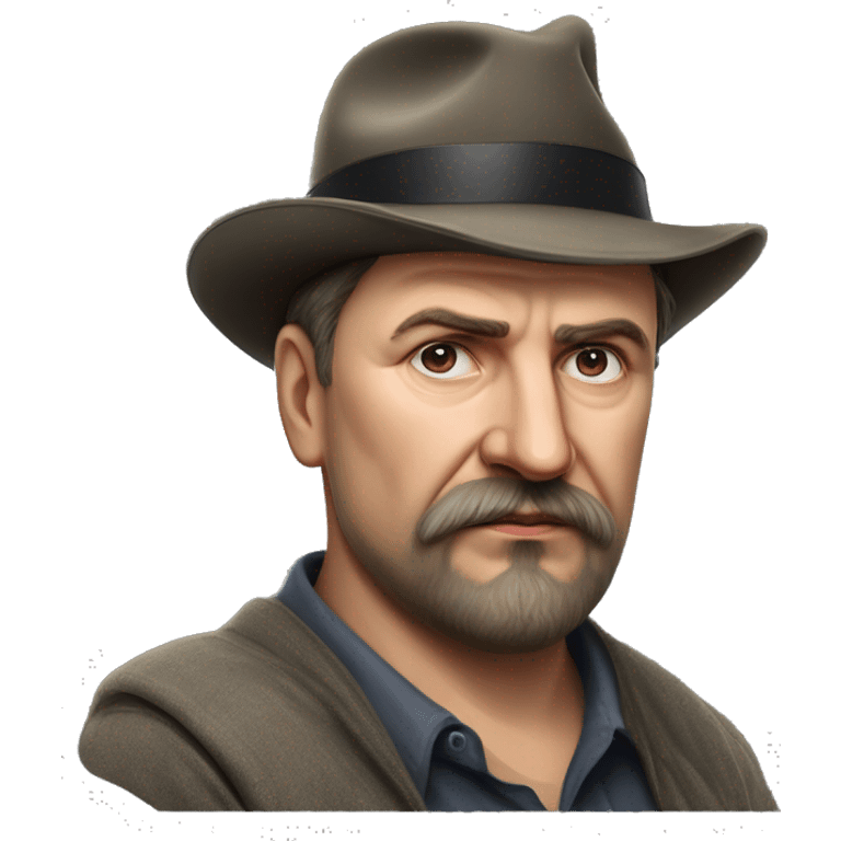 Russian writer Alexander Kuprin Photorealism A plump serious man of Slavic appearance with Small eyes with goatee beard and mustache, with a  short haircut, big detailed face, wrinkled face, wearing a fedora hat emoji