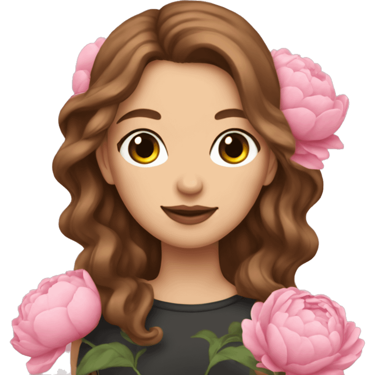 white girl with brown wavy hair holding pink peonies  emoji