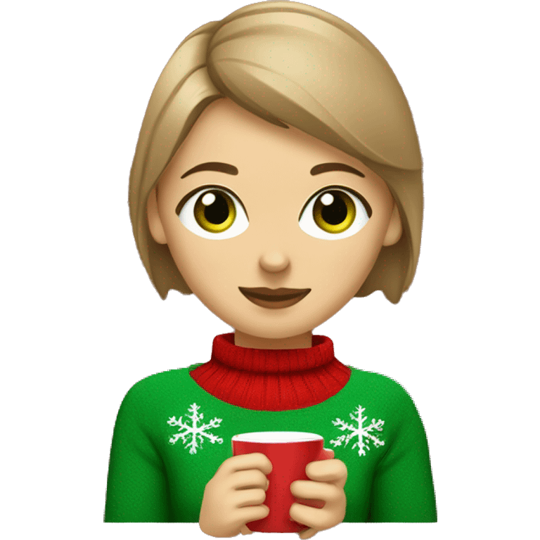 Light brown short haired girl with green eyes drinking coffee wearing red Christmas sweater emoji