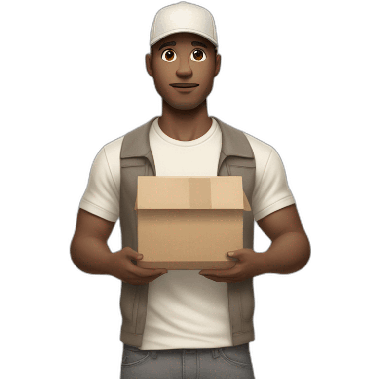 Pale skinned fit Man with dark brown hair in a beige cap, gray jeans, brown polo and white T-shirt keeping a pasted with tape white box into his hands emoji