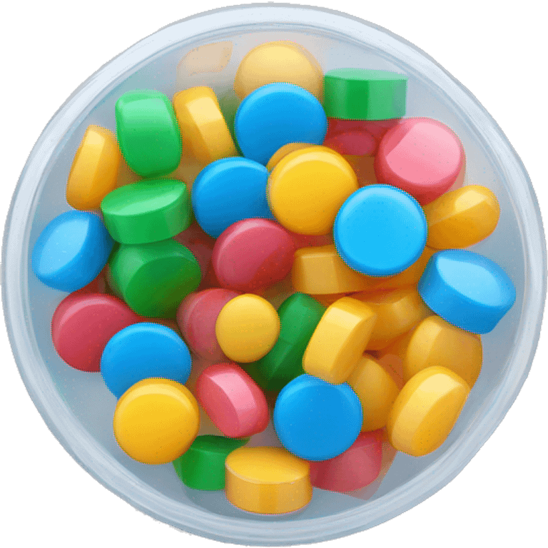 Small translucent circular plastic container with colorful pills inside emoji