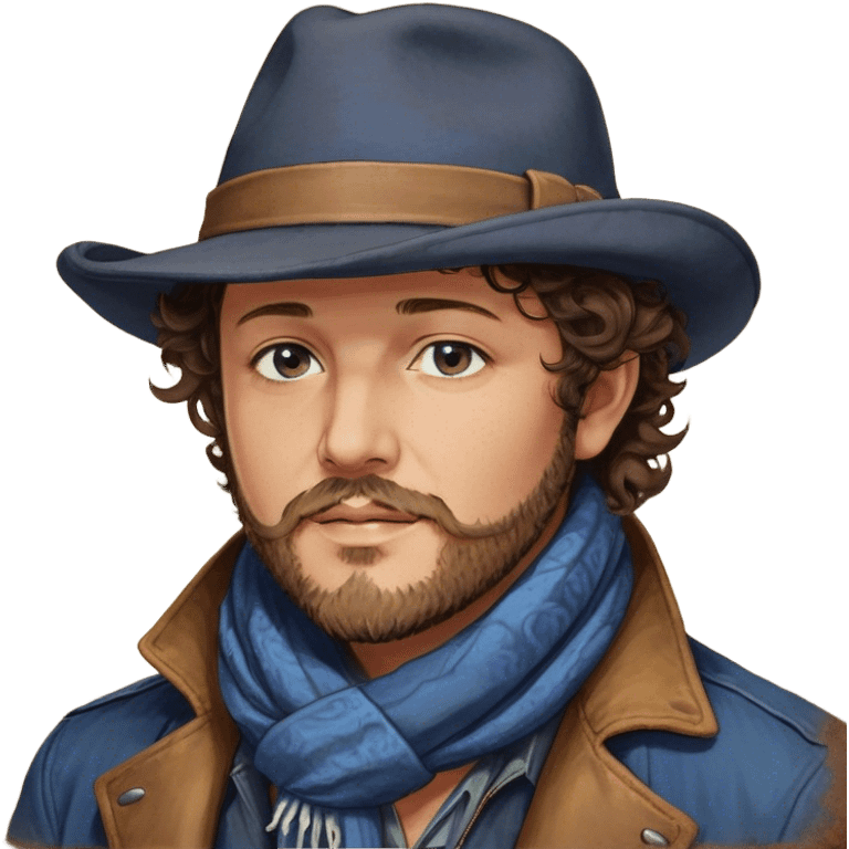 a detailed portrait of zucchero sugar fornaciari, focusing on his upper half. he has a rugged appearance with curly brown hair, a trimmed beard, and expressive eyes. wearing a wide-brimmed hat and a casual jacket with a scarf, his style reflects a blend of rock and blues. the background is softly lit with warm, earthy tones, creating a soulful and charismatic vibe emoji