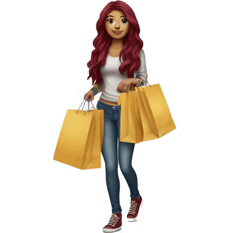 Beautiful tattooed burgundy long haired woman carrying a lot of shopping bags emoji