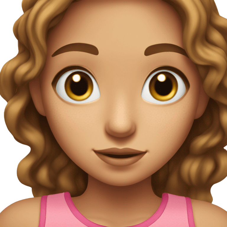 Girl with blue eyes, long eyelashes, freckles, and wavy brown hair, wearing a gold necklace, wearing a pink tank top emoji