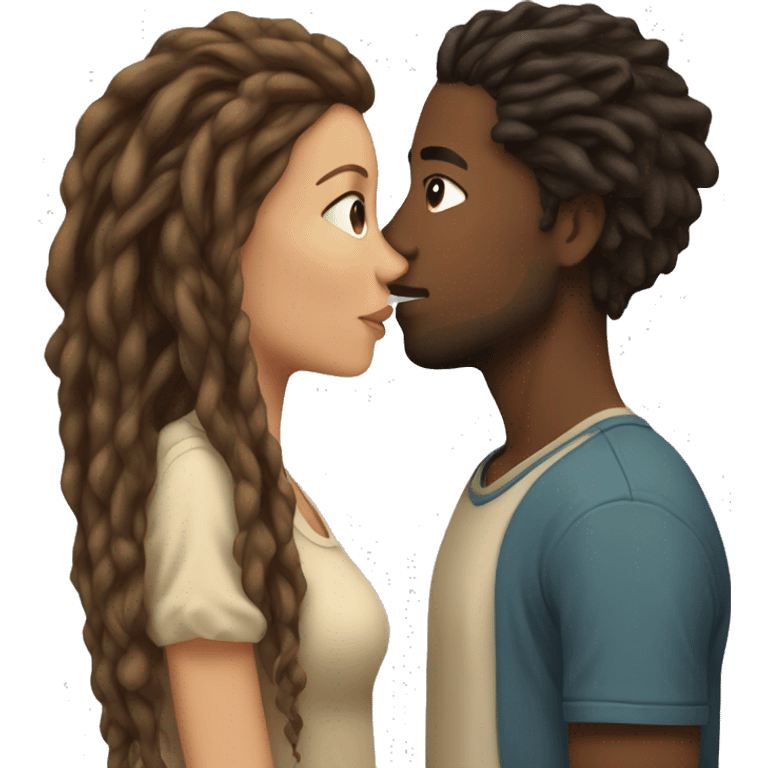 Brown skinned young man with dreadlocks and young woman with beige skin and dark blonde hair kissing emoji