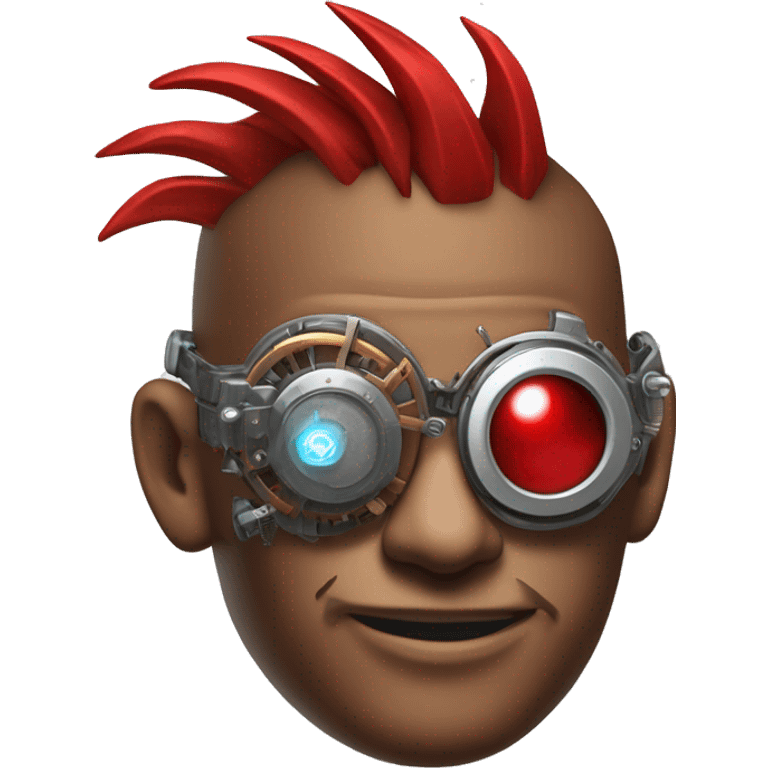 Brown cyborg head with red Mohawk, red beard. silver steampunk monocle goggles a smile and circuits emoji