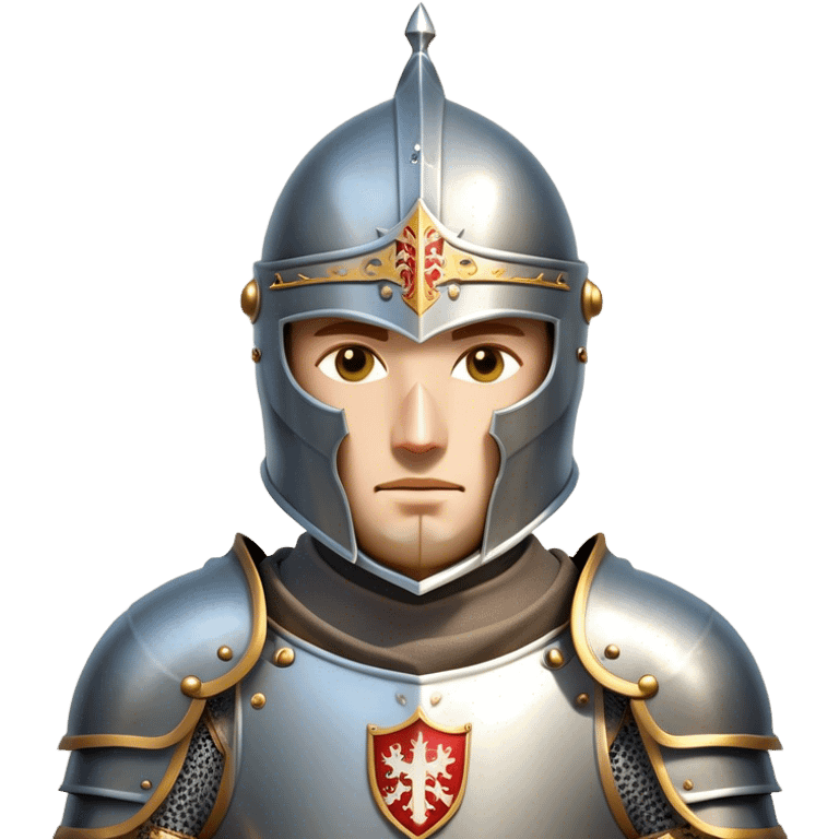 Clash of Clans aesthetic: Cinematic heroic Armored Knight Hero close up Emoji, rendered in a 3D vector-style similar to standard emojis with minimal shading and bold, simplified shapes. A compact, isometric warrior clad in gleaming plate armor with intricate heraldic details, softly glowing with a chivalrous medieval charm. Simplified yet unmistakably iconic, highly detailed and consistent, glowing with a soft radiant shine and high polish. Stylized with a touch of noble valor and a soft glowing outline, wearing a full face helm so that no face is visible with only eyes visible, capturing the essence of a gallant knight ready for honorable battle with a friendly, playful manner! emoji