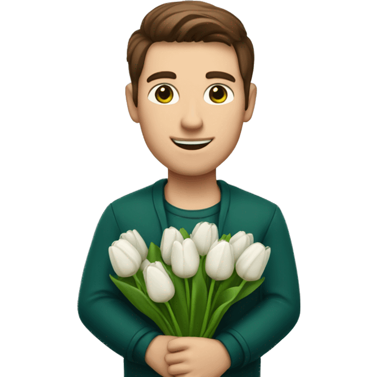 man with brown hair and green eyes holding a bouquet of white tulips emoji