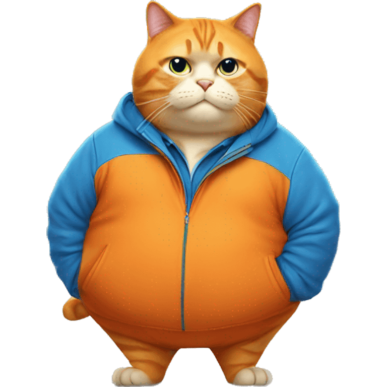 fat orange cat with blue jacket looking mischievous  emoji