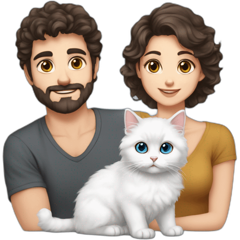 Family with dad brown eyes short dark hair, mother blue eyes curly brown hair, baby older 5 months, one Persian cat emoji