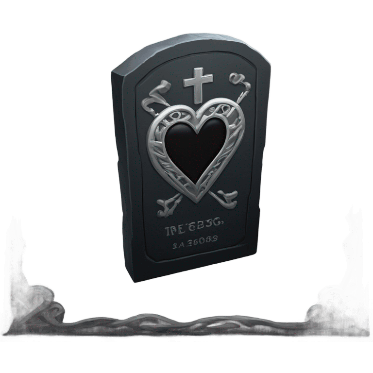 a black tombstone with the inscriptions in silver RIP and a silver heart in the center emoji