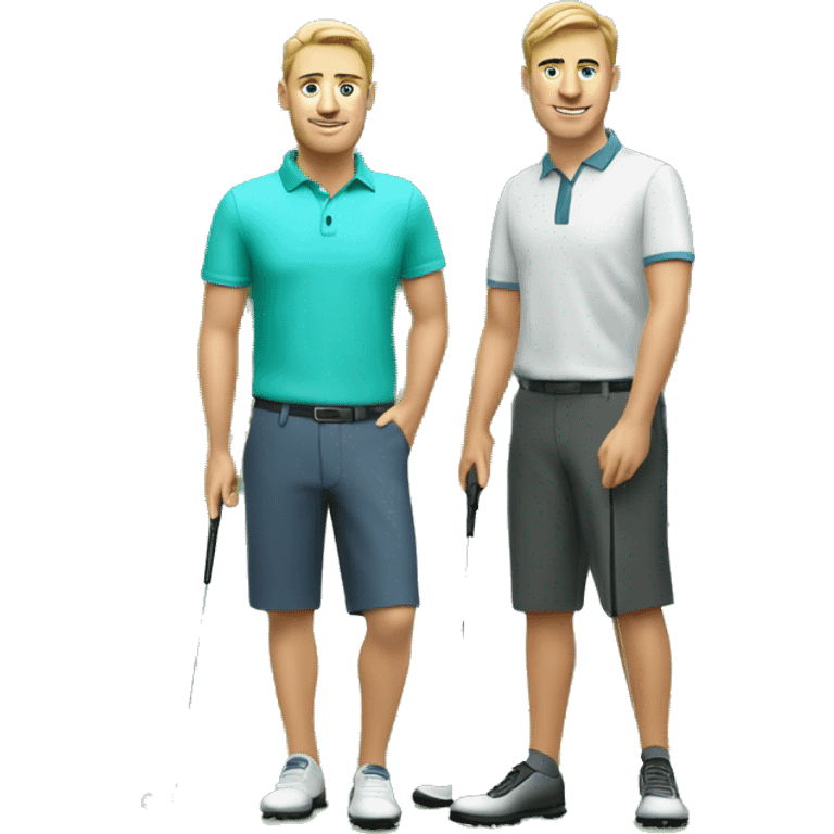 Two Caucasian men on golf course green near water emoji