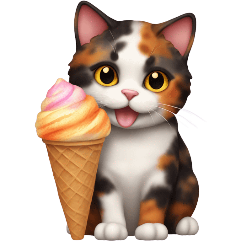 Cute fat tortoiseshell cat eating ice cream emoji