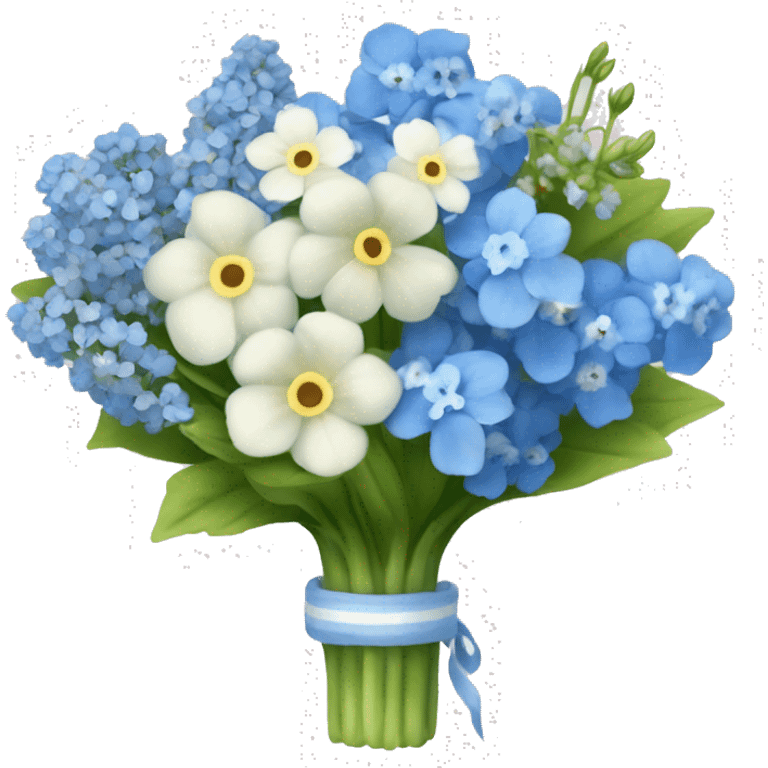 detailed bouquet of baby breaths, delphiniums, forget me nots, and blue hydrangeas  emoji