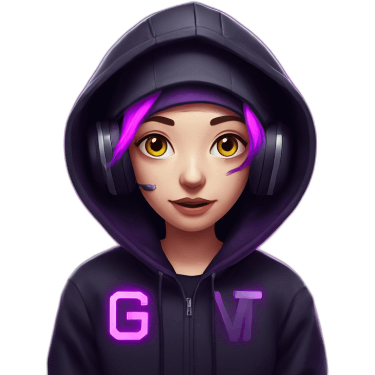 Russian student in the black hoody with violet letters "OMG VR" on it wearing vr headset. Cyberpunk style. Violet neon. emoji