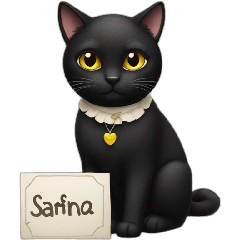 Black cat holding a sign with the inscription “Safina” emoji