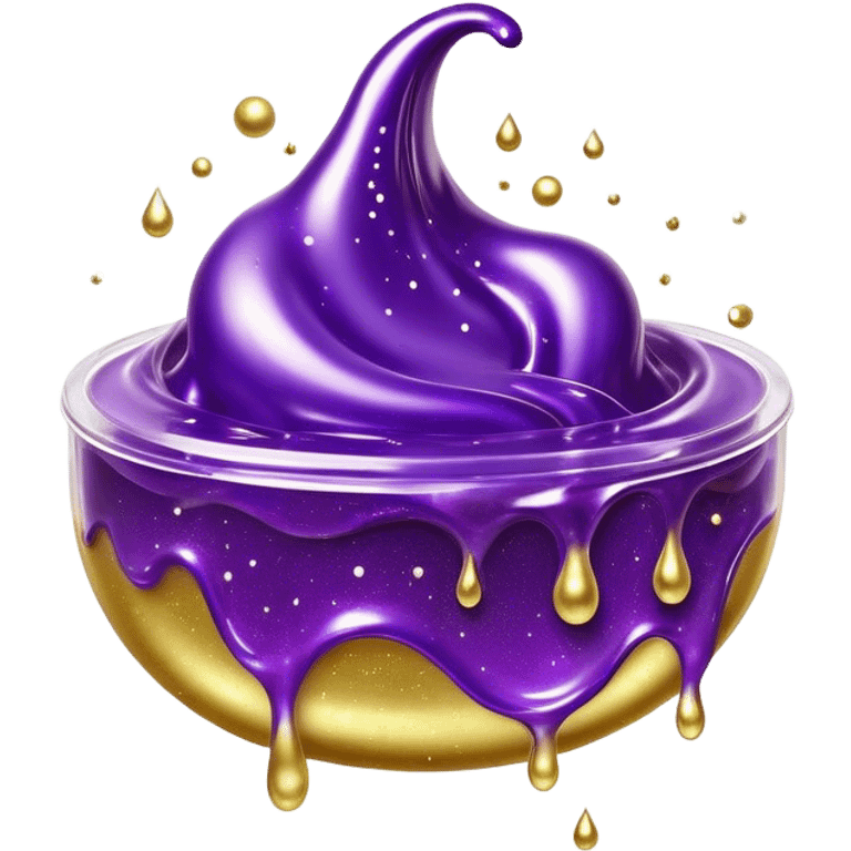 Cinematic Realistic Shiny Slime Mixed with Glitter, thick and glossy with swirling metallic flecks suspended inside, a dynamic mix of deep purple and golden sparkles, light catching every shimmer, flowing smoothly with realistic folds and ripples, glowing with an enchanting, almost liquid-metal effect. emoji