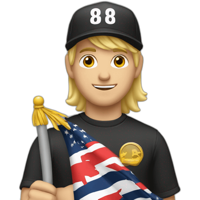 A blond guy with a black cap holding a flag that says ratio. emoji