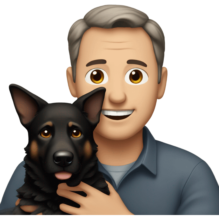 50 year old man with little brown hair and brown eyes hugging a black German Shepherd dog emoji