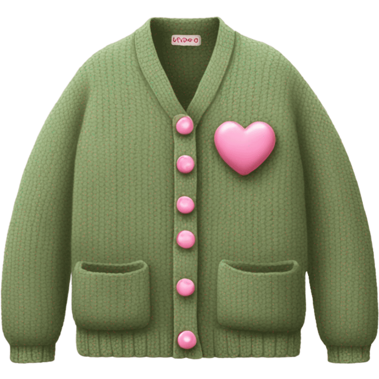 Sage oversize wool open short cardigan with pink heart shaped buttons, isolated emoji