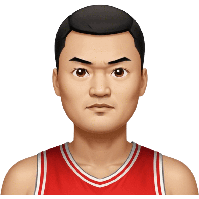 Yao Ming – Cinematic Realistic Portrait of Yao Ming, depicted as a towering basketball icon in a modern uniform, with a gentle yet determined expression and dynamic arena lighting that highlights his immense stature and graceful athleticism. emoji