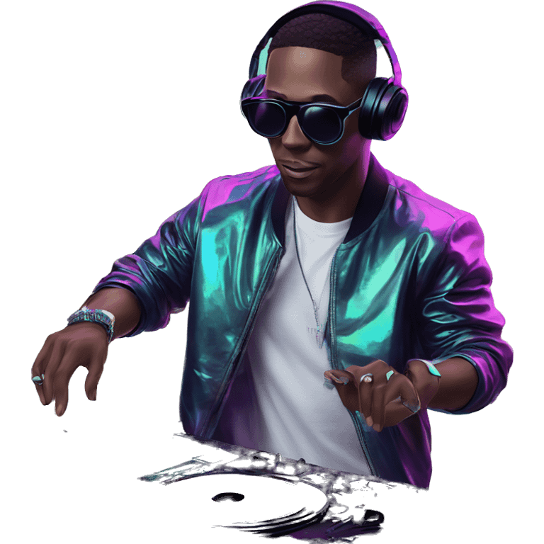 A dj wearing sunglasses playing music holding a cd record record, vinyl, oilslick holographic blacklight inverted graffiti dark dull emoji