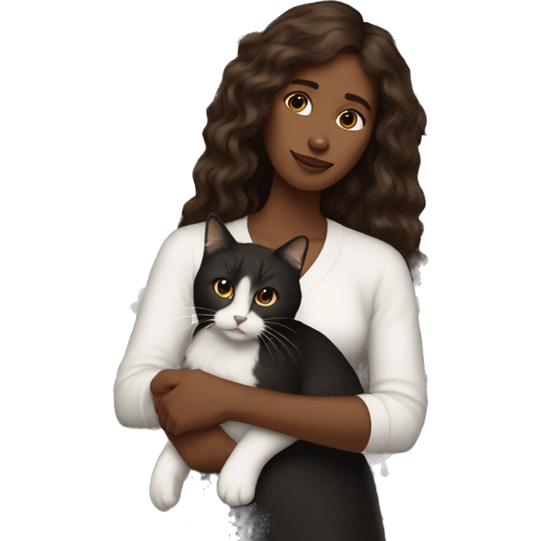 long wavy haired brown skin woman holding black and white cat emoji