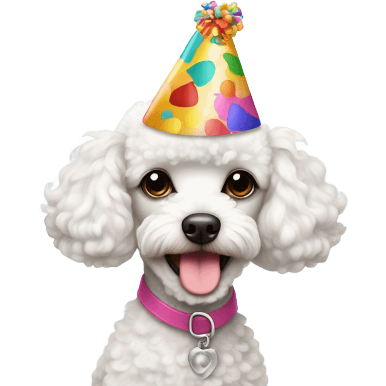 White Toy poodle wearing birthday hat emoji