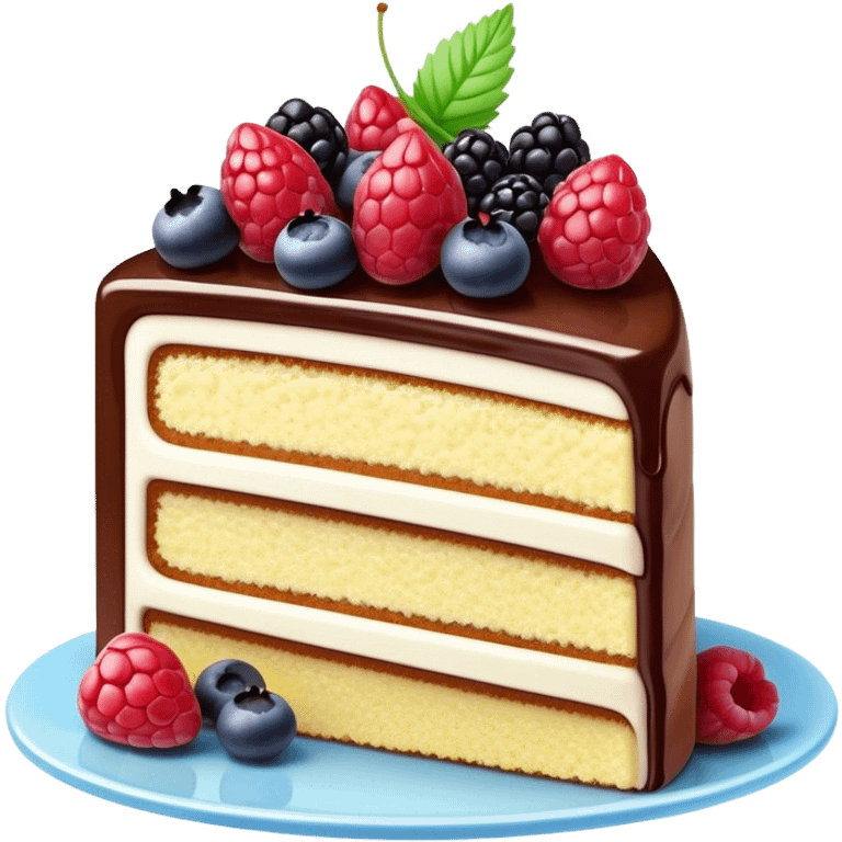 Cinematic luxurious slice of cake, delicate layers of moist sponge and rich frosting, beautifully decorated with fresh berries and a glossy glaze, soft glowing light, elegant and indulgent. emoji