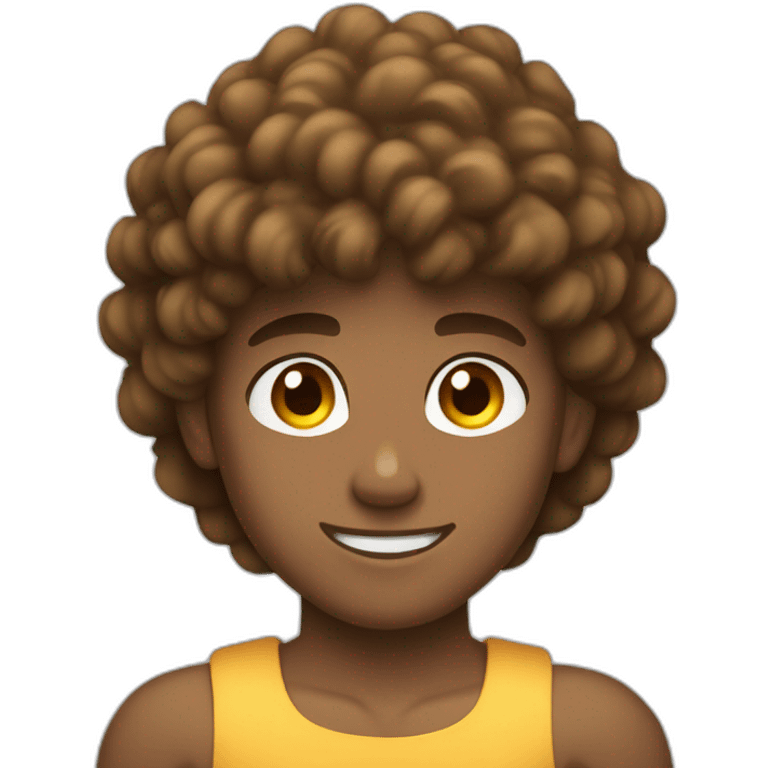 Muscle teen, brown curly hair, flexing  emoji