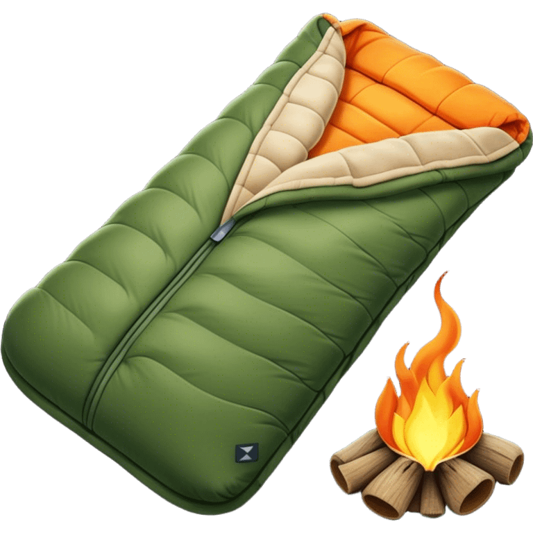 Cinematic Realistic Sleeping Bag, plush and slightly wrinkled, rich fabric texture catching the firelight, glowing with warmth and inviting coziness, nestled within a peaceful campsite. emoji