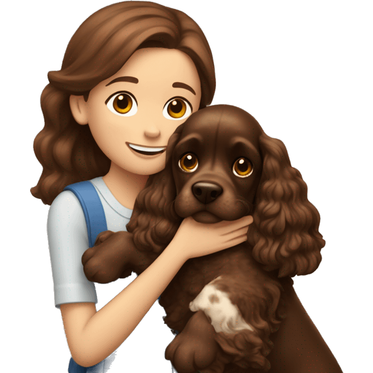 A 10-year-old girl with brown hair is hugging a chocolate cocker spaniel. emoji