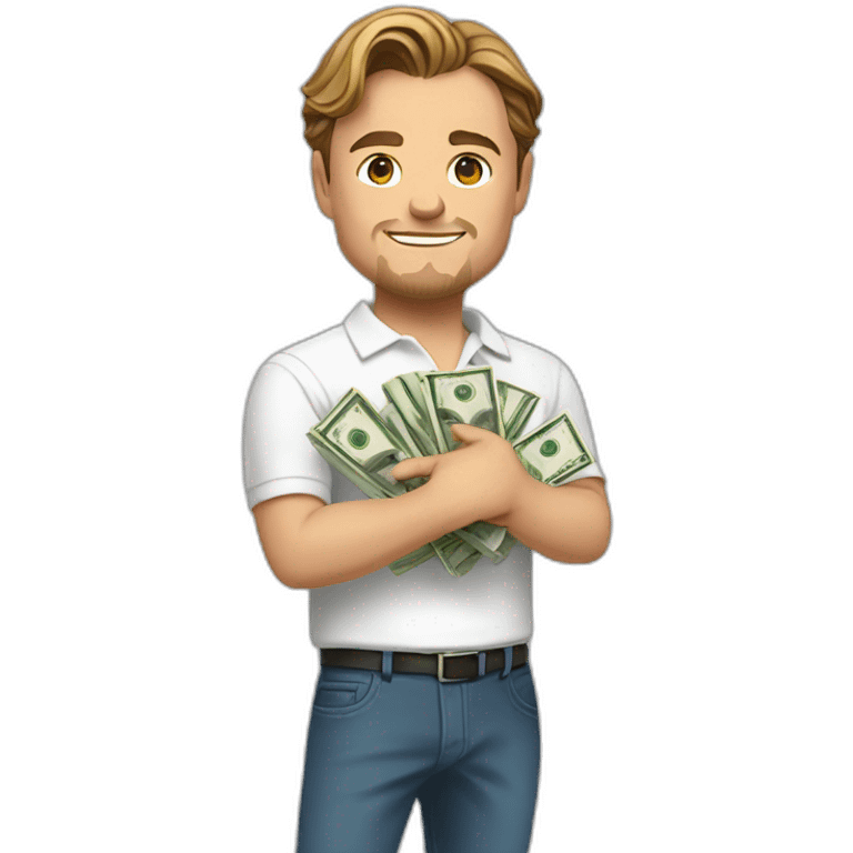 leonardo dicaprio in a white polo shirt holding a folded stack of money in his hand emoji