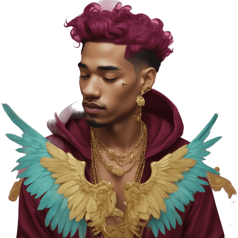 Vintage painting swirls gold jewellery baroque raven wings angel tropical Deep pink maroon burgundy cyan dark hoodie man vitiligo dyed hair gold piercings nose piercing ear piercings emoji