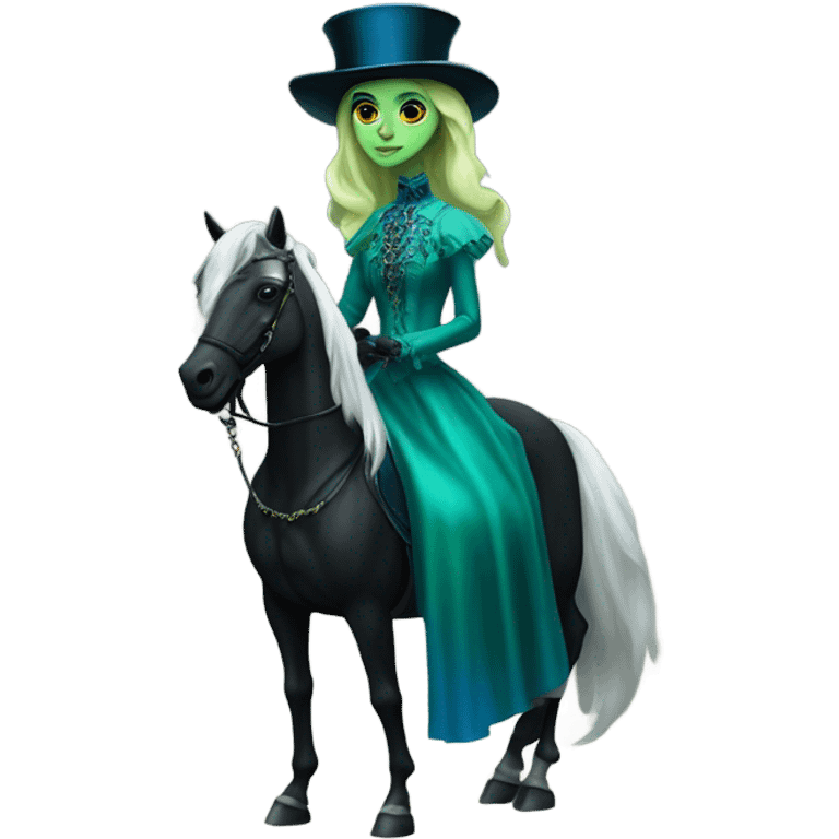 "galora green blonde alien woman" in blue Victorian dress elegant, full body, on black horse emoji