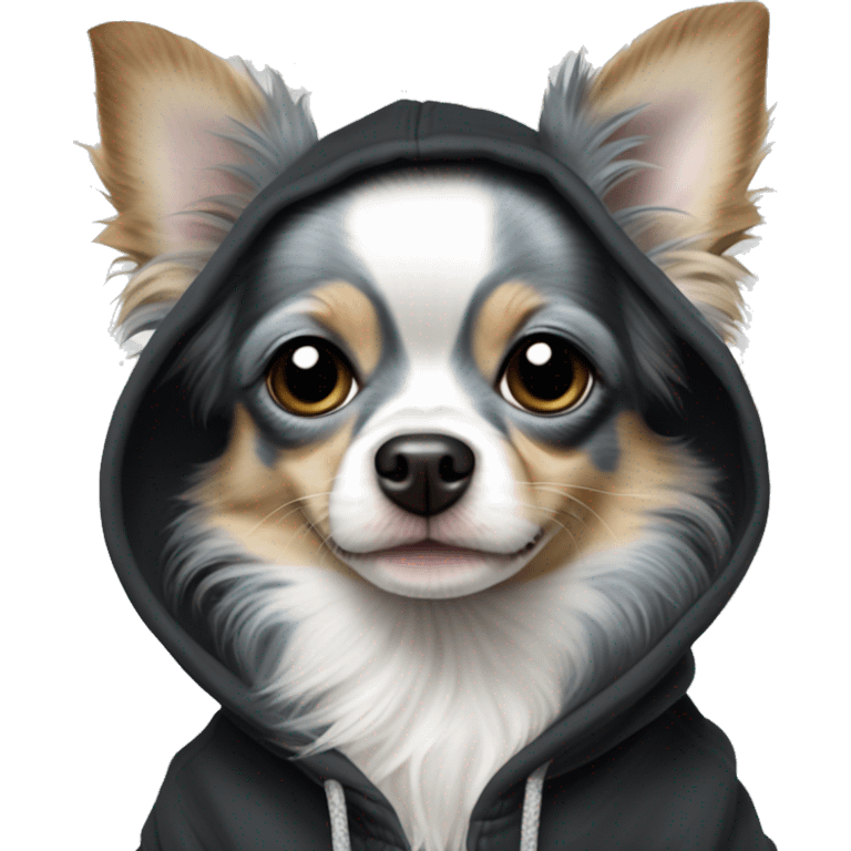 Realistic blue Merle long hair chihuahua dog in a black hoody emoji