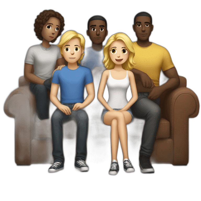 a light-skinned girl sits on a sofa and five dark-skinned guys stand behind emoji