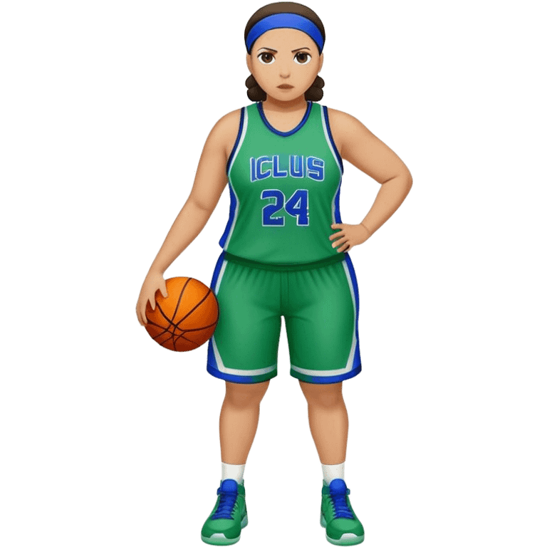 Full Body light skin Latino plus size women basketball player wearing blue and green uniform emoji