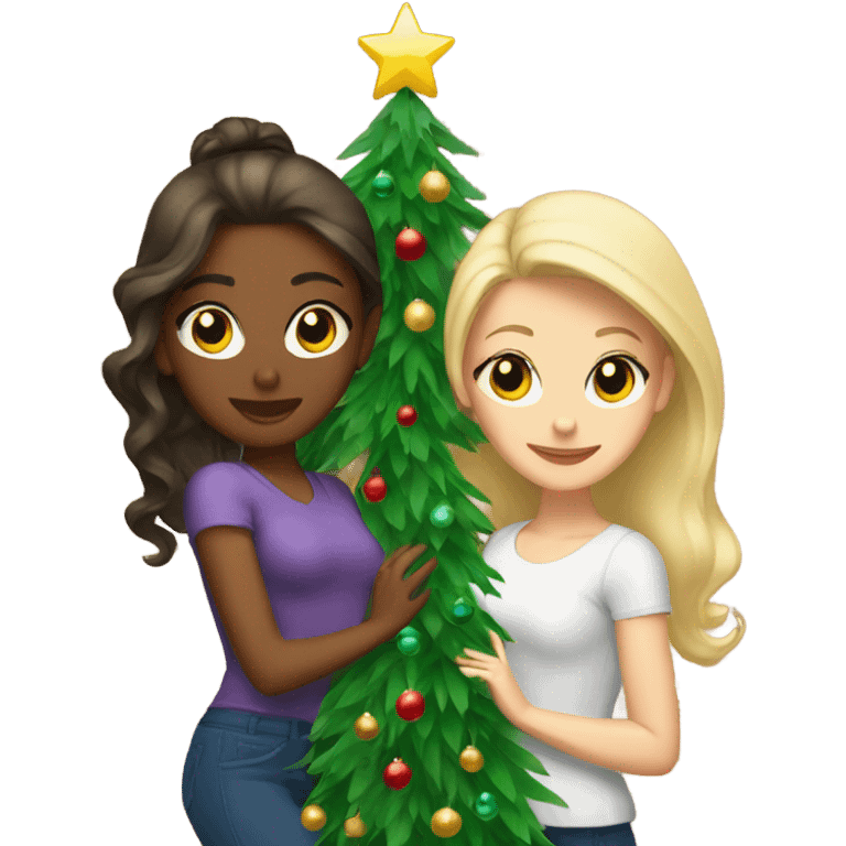 Two brunettes and a blonde by a Christmas tree emoji