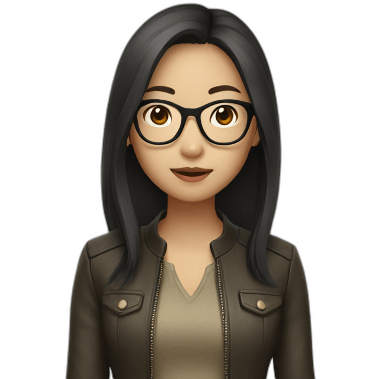 asian girl with glasses and a leather jacket with a khaki shirt and long dark hair emoji