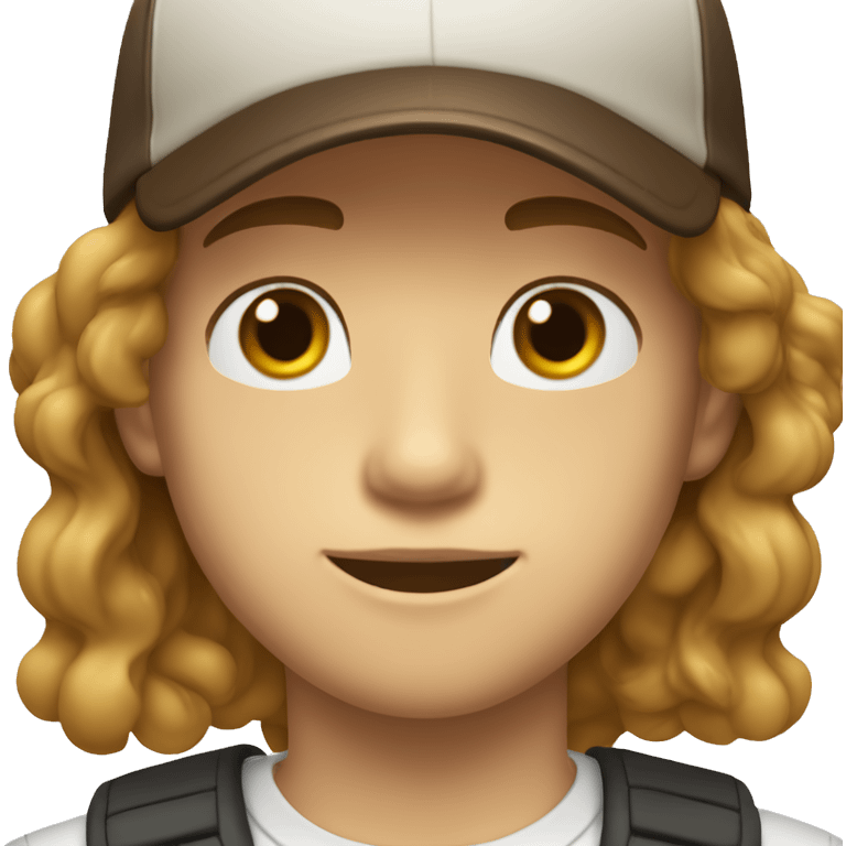 Teenager boy type italian, White skin, with baseball cap backwards with long wavy brown hair (Which go down behind to the nape of the neck), Little bit dezoom emoji