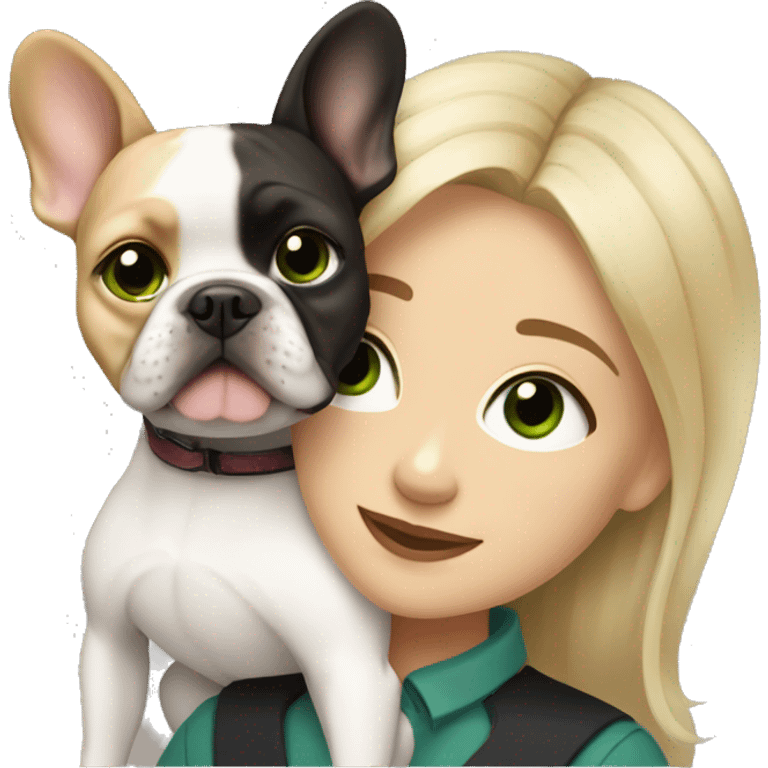 A blonde girl with green eyes with a square hugs a French bulldog with brown eyes and dark gray fur emoji