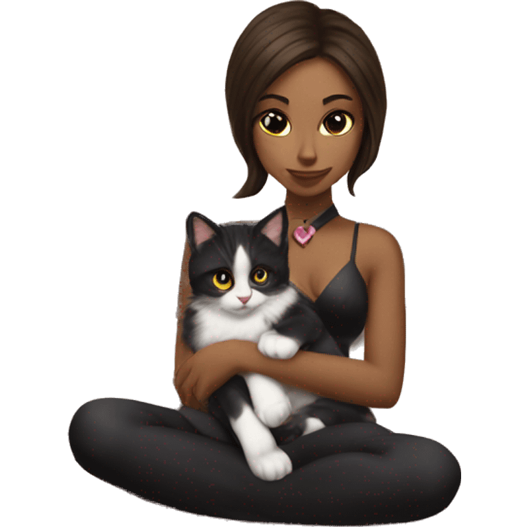 gaming girl in bed with kitten on lap tuxedo emoji